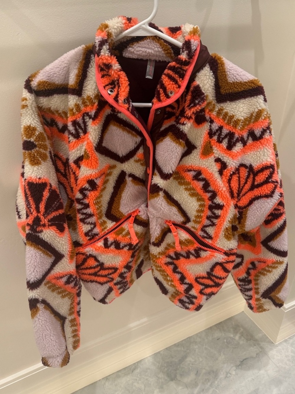 Like New Printed Sherpa Fleece Jacket - Pink & Orange free people hit the slopes